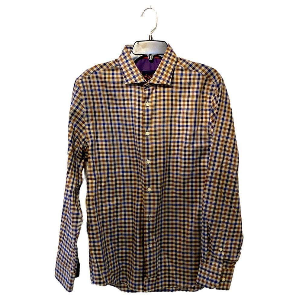 Egara Men's plaid blue, tan and white button up shirt.  slim fit stretch. Size M